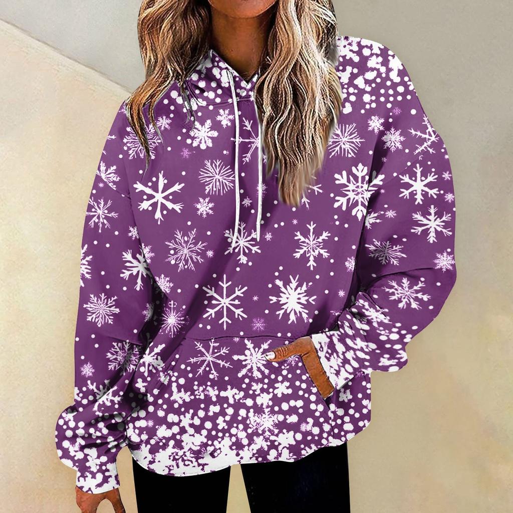 Womens Christmas Print Oversized Sweatshirt Drawstring Pullover With Pocket Trendy Sweater Tops Fashion Clothes