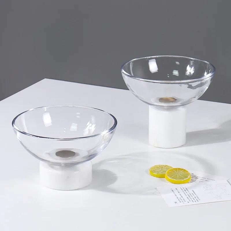 Creative Circular High Footed Glass Tray, Fruit Tray, White Marble Decorative Tray, Dessert Bowl, Kitchen Storage Container