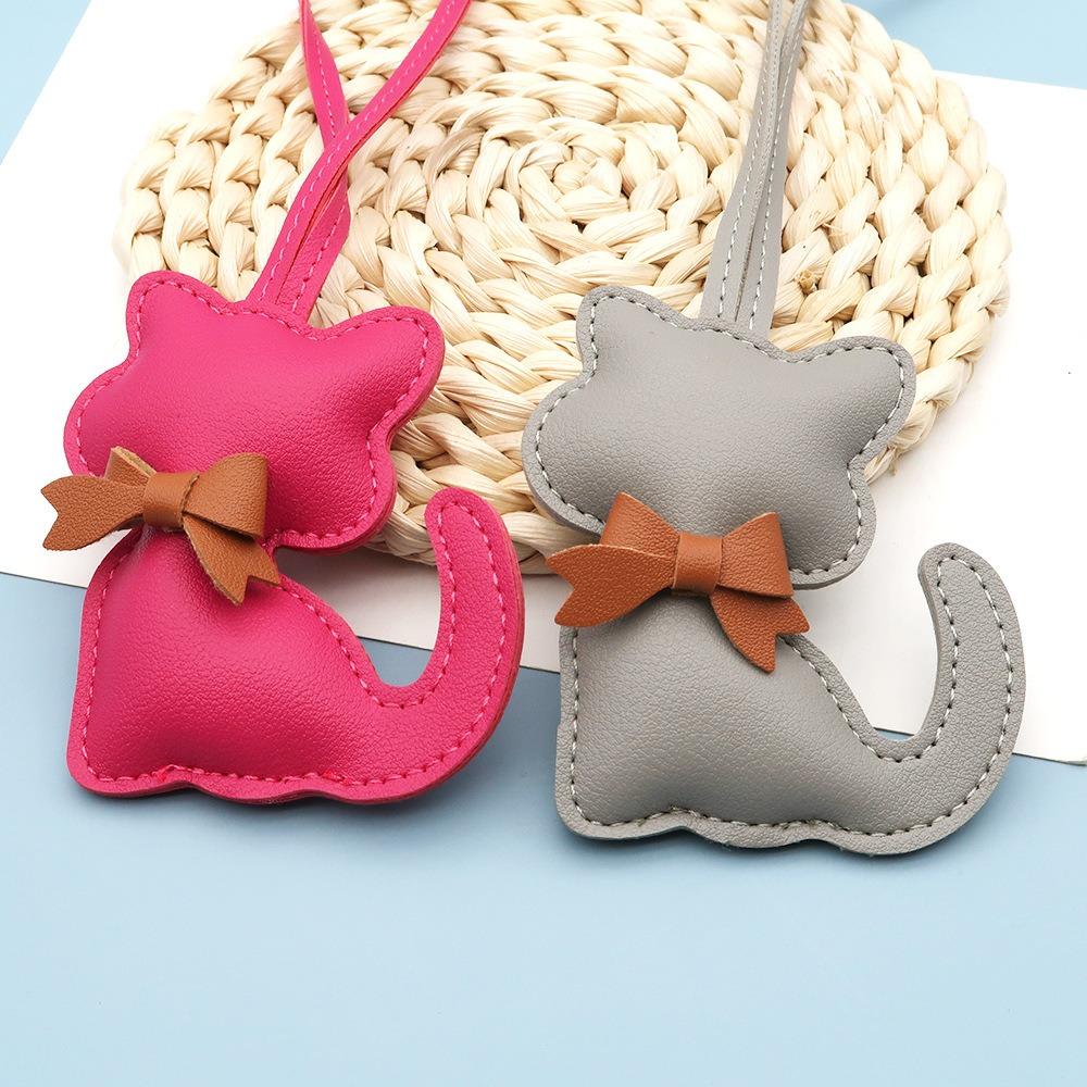 New PU Leather Kitten Bag Charm with Bow Cute Cartoon Animal Cat Pendant for Women's Handbags Small Gift