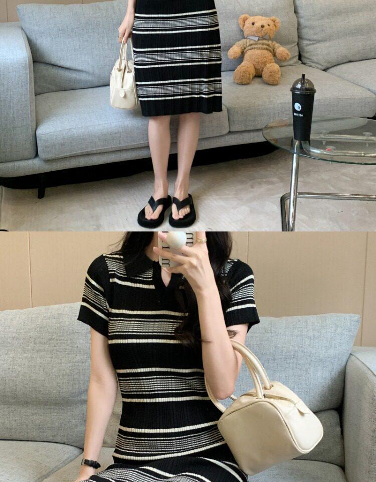 Elegant French Style Striped Polo Collar Knit Dress for Petite Women (2026)