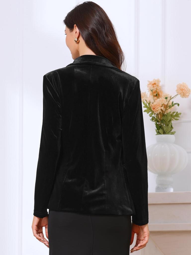 Allegra K Women's Velvet Blazer, Notch Lapel, Long Sleeve, One-Button, Dressy, Office Blazer, Black, Size M