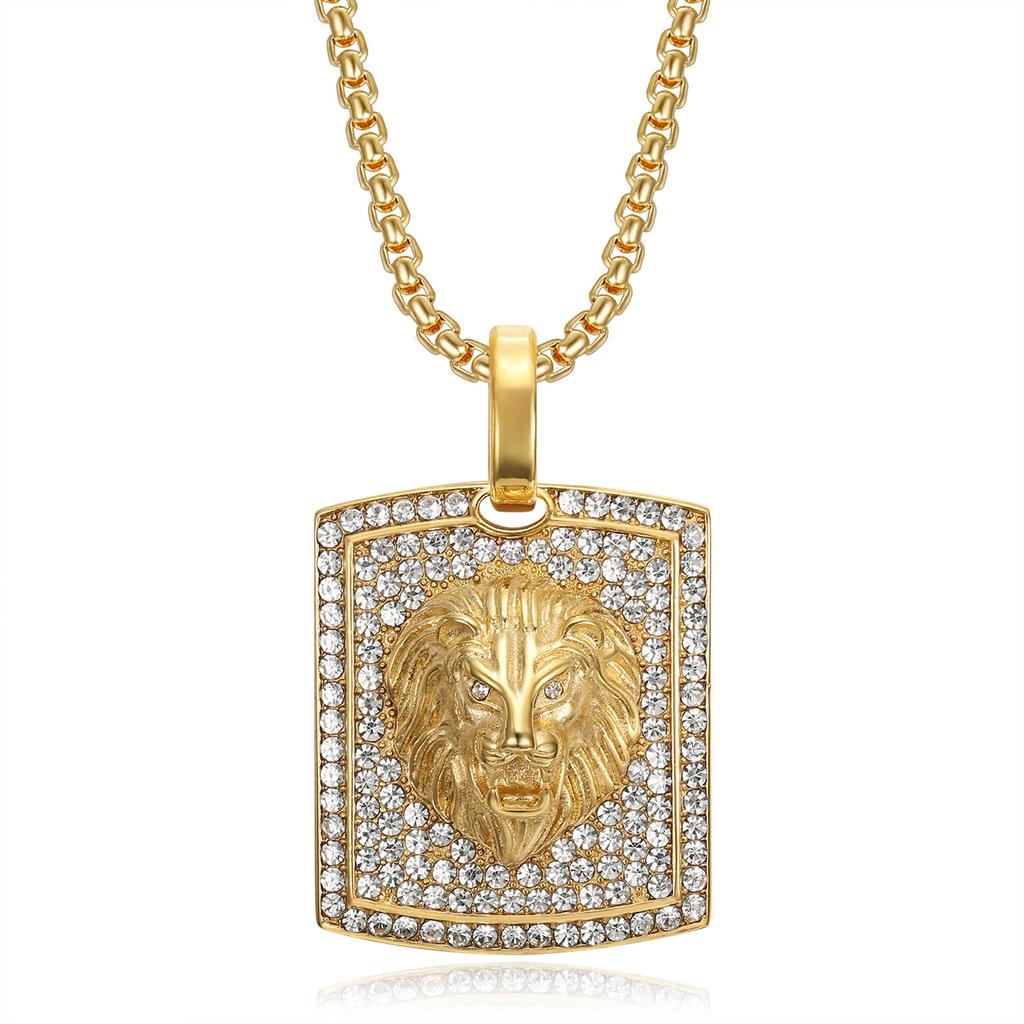 Hot New Hip Hop Jewelry Titanium Steel Gold Plated Diamond Inlaid Animal Lion Head Pendant Necklace