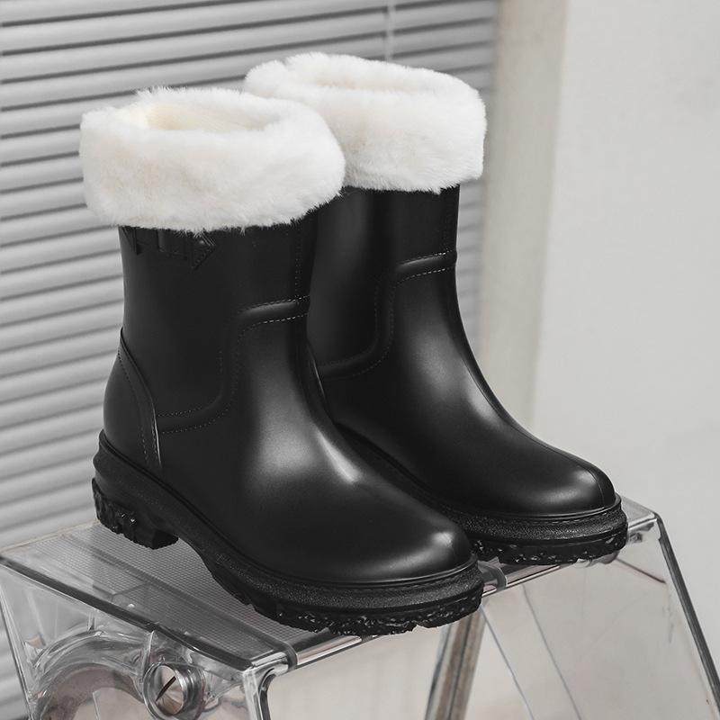 Women's Mid-Calf Rain Boots Winter Rubber Rain Boots Cotton-Padded Warm-Keeping Waterproof Women's Non-Slip Wear-resistant Shoes