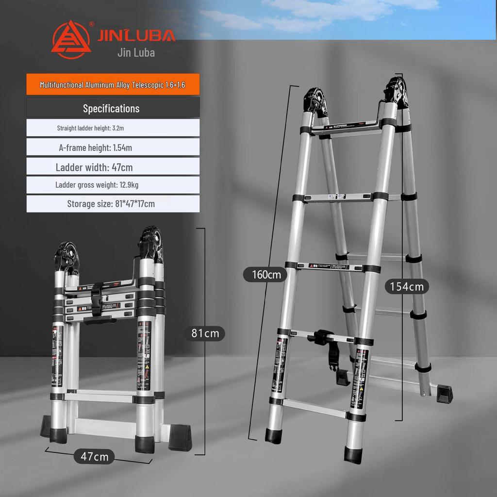 Jinluba Aluminum Telescopic A-Frame Ladder - Thickened, Stainless Steel, Bamboo Joint, for Household & Engineering Use