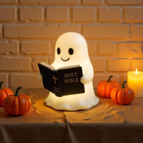 Ghost Bible Lamp Cute Ghost Reading Book Night Light 3D Resin Light Up Ghost Figurine Halloween Table Lamp for Bedroom Home Shelf Indoor Decor