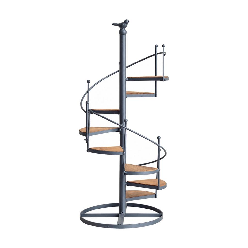 Spiral Stair Plant Stand Freestanding Iron with WoodGrain Shelves MultiTier for Balcony,