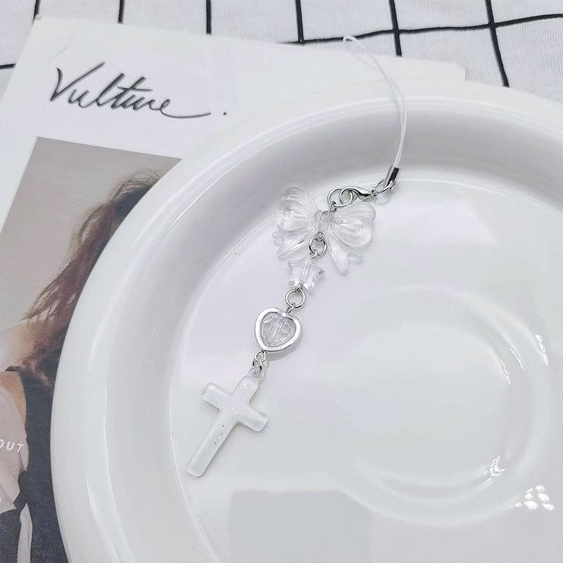 Sweet Cute Bow Keychain Beaded Phone Lanyard Strap Charms Cross-Pendant Phone Chain Anti-Lost For Women Girls Gift