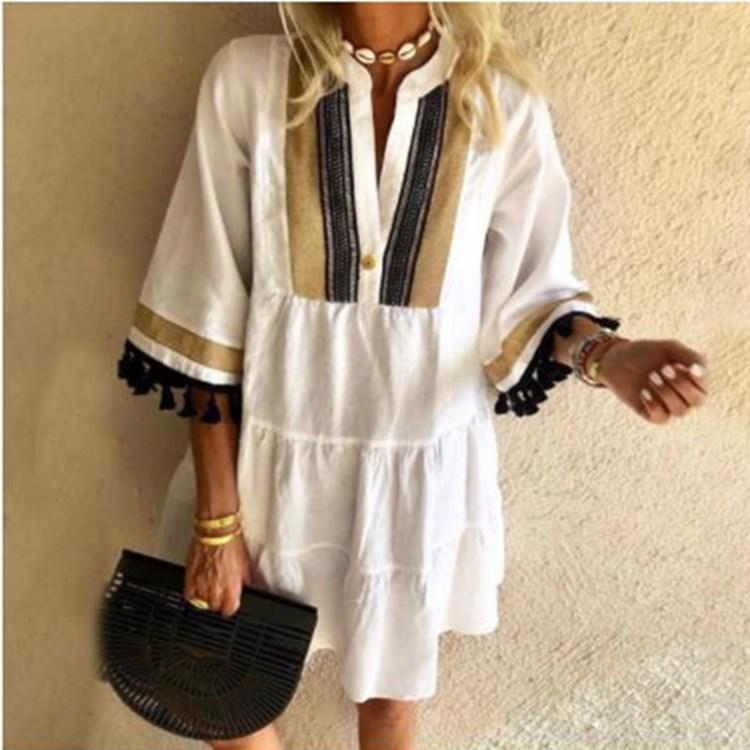 Damen Freizeitkleid V-Ausschnitt Kurzarm T-Shirt Kleid Locker Druck Plissee Schwingend Boho Strandkleid