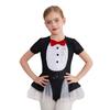 Girls Penguin Costume Color Contrast Sequins Dress Round Neck Short Sleeve Bow Tie Buttons Puffy Mesh Skirt