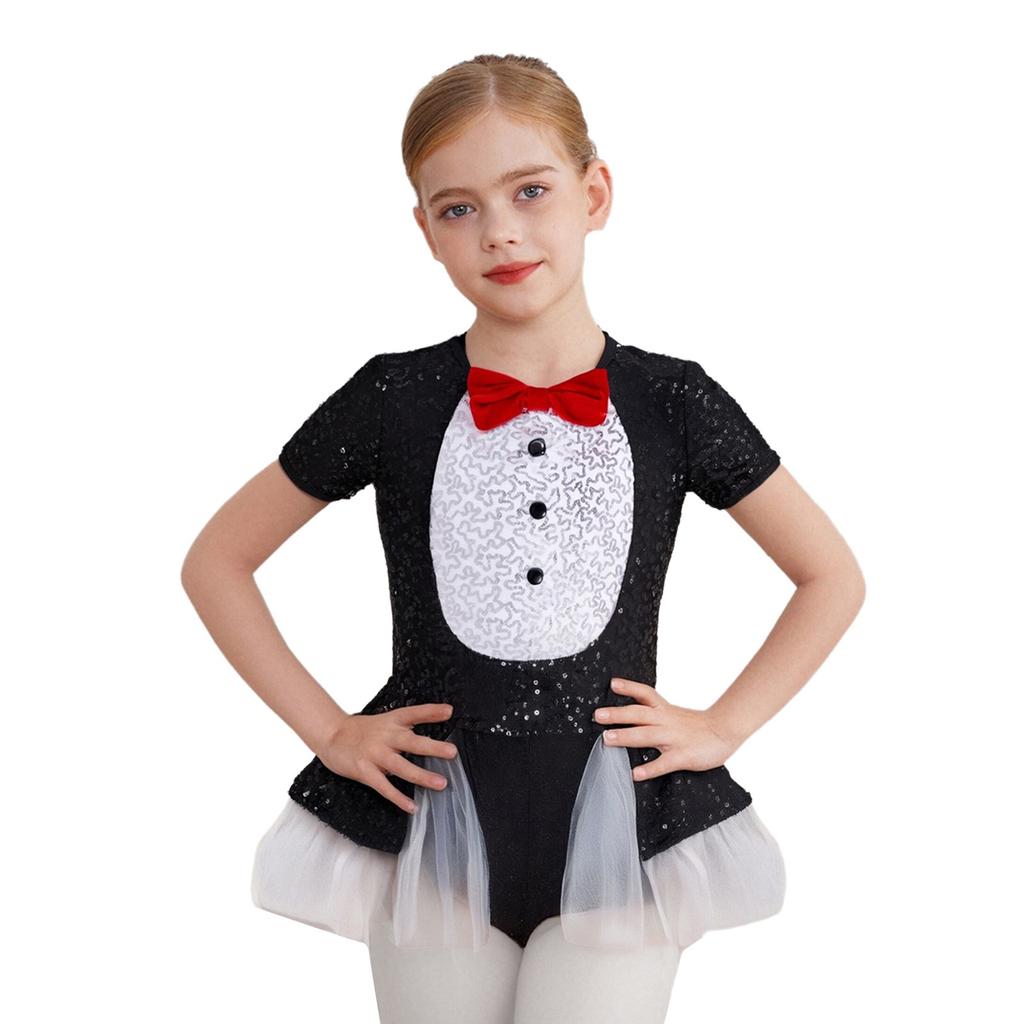 Girls Penguin Costume Color Contrast Sequins Dress Round Neck Short Sleeve Bow Tie Buttons Puffy Mesh Skirt