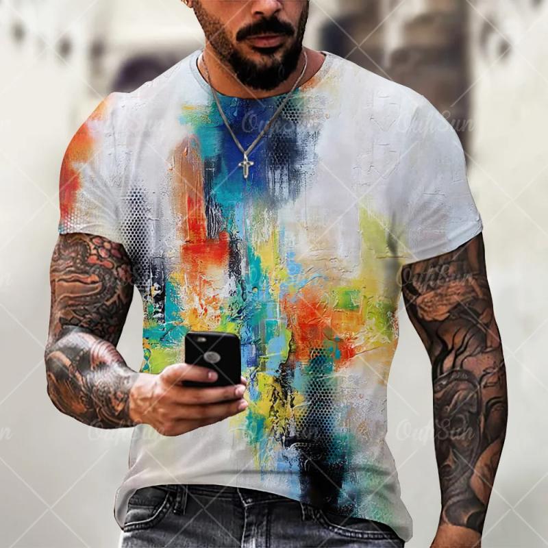 Vintage Men's T-shirt Personality Colorful Striped Print Fashion O Collar Short Sleeve T-shirt Breathable Street Wear T-shirt