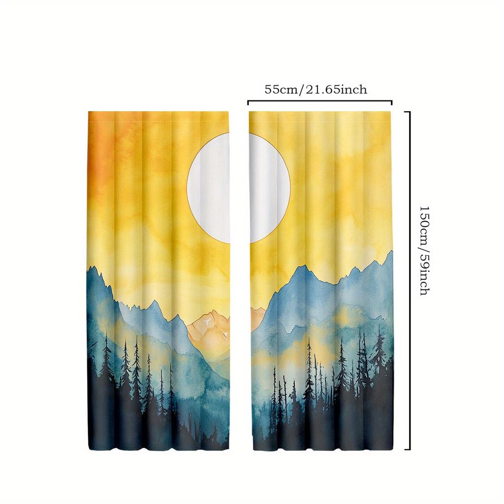 2pcs Abstract Nature Curtains, Mountain and Sun Vintage Design for Bedroom and Living Room