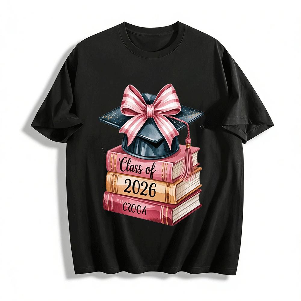 

Class of 2026 Graduation Cap Book Print Casual Tee Pure cotton T-shirt XXS
