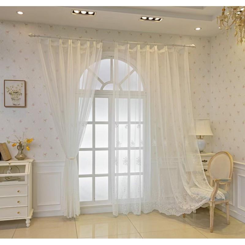 White Sheer Lace Curtain With Embroidery Beading Semi-Sheer Living Room Bedroom Window Drapery