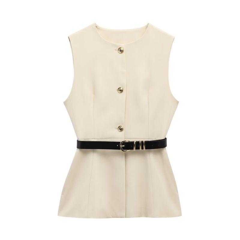 Fall and Winter New Women's Clothing Fashion Style Belt Minimalist Sleeveless O-neck Short Vest Jacket 9300525