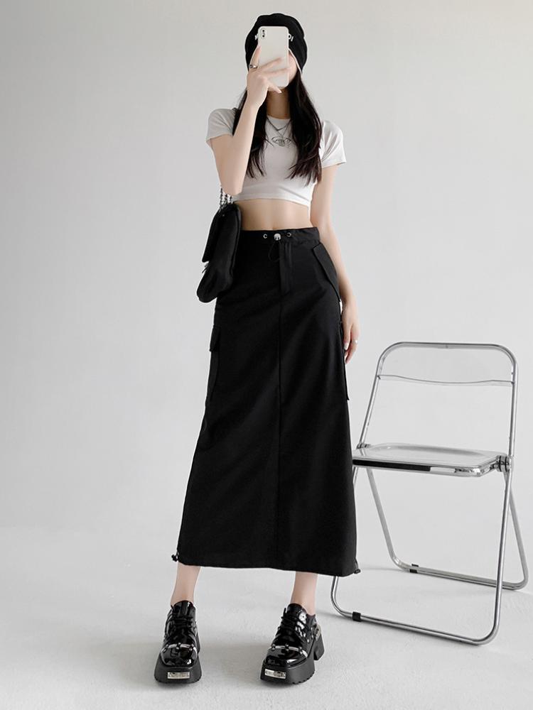 Cargo Midi Skirt Women Summer Slim High Waist Slit A-line Skirt Stitching Drawstring Female Streetwear Vintage Y2K Grey