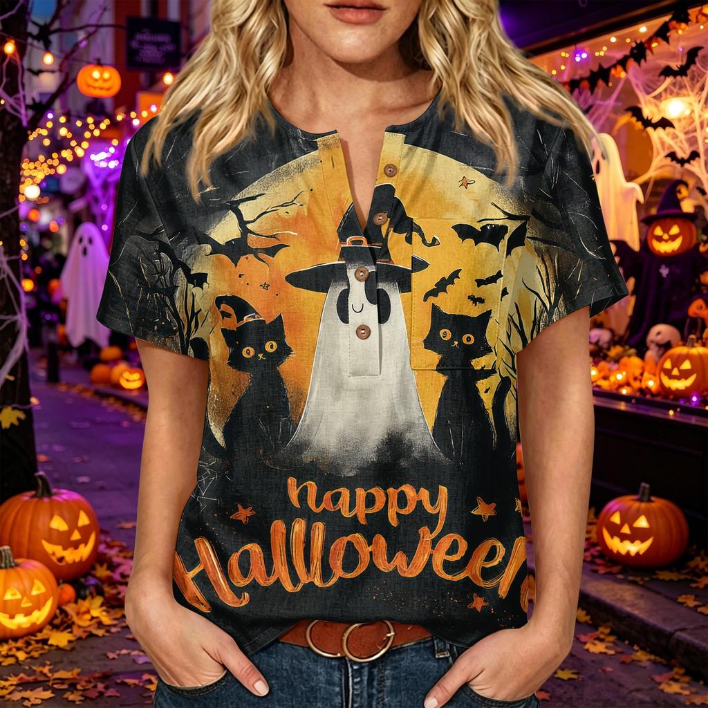 Women's Halloween Print V Neck Short Sleeve Button Detail Three Quarter Sleeve T Shirt Top Casual Fashion