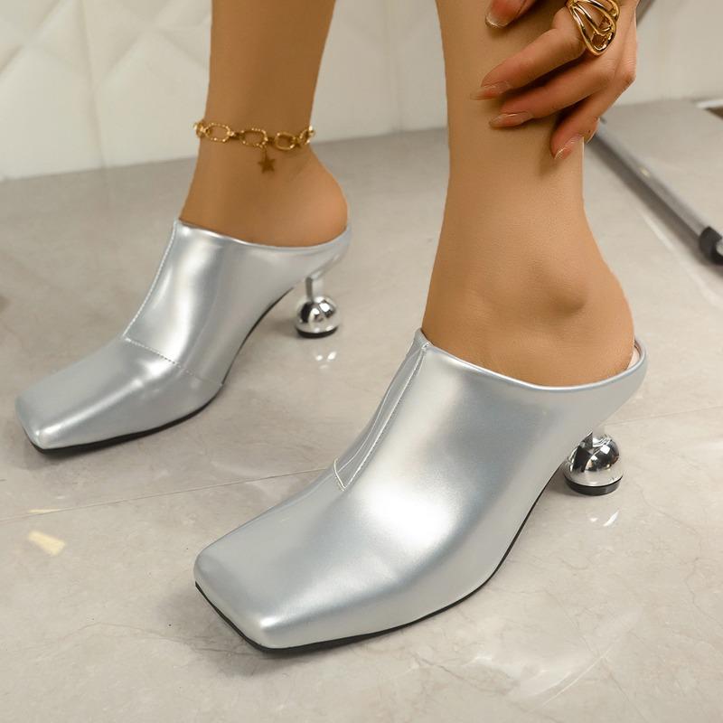 Dámské metalické stiletto nazouváky se čtvercovou špičkou módní sandály na podpatku