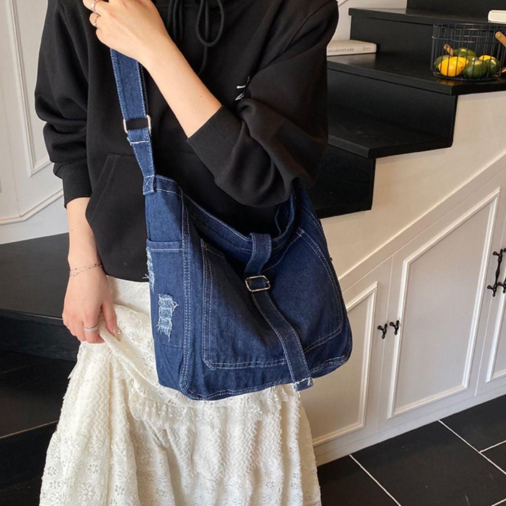 Crossbody Bag Denim Canvas Bag Buckle Strap Simple Tote Bag Casual Vintage Handbag  Streetwear