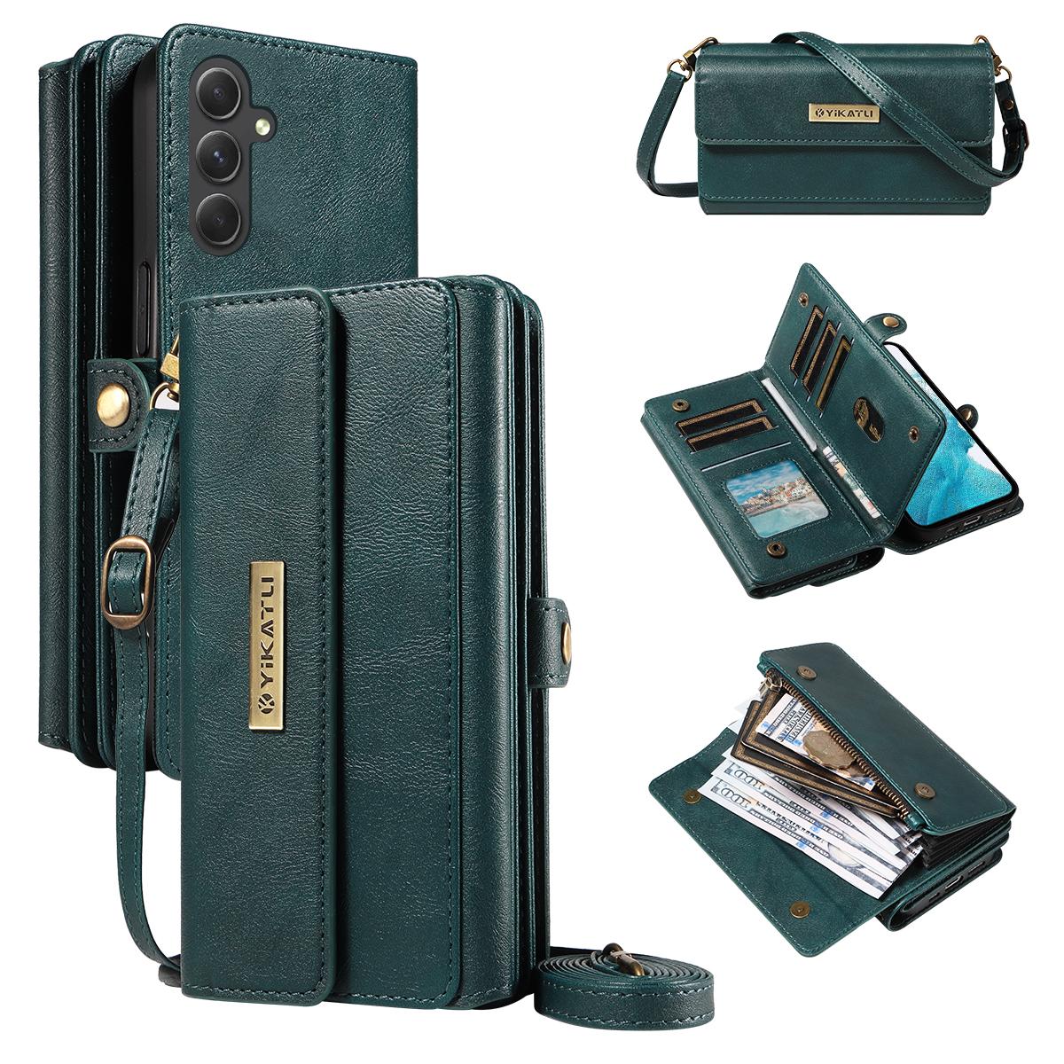 

For Samsung Galaxy A54 5G Case YIKATU YK-008 Zipper Wallet Leather Phone Cover with Shoulder Strap Green