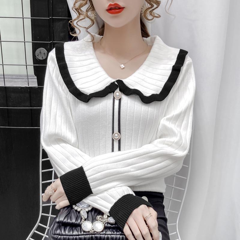 Autumn and winter new retro contrasting color doll collar sweater women's inner pullover knitted sweater