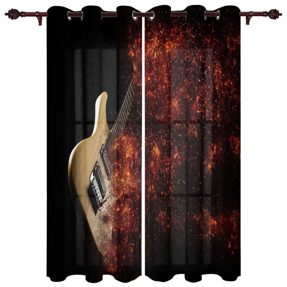 2 Pieces Music Stage Electric Guitar Instrument Design Sunshade Curtains for Living Room Bedroom Home Decoration Thin Curtains