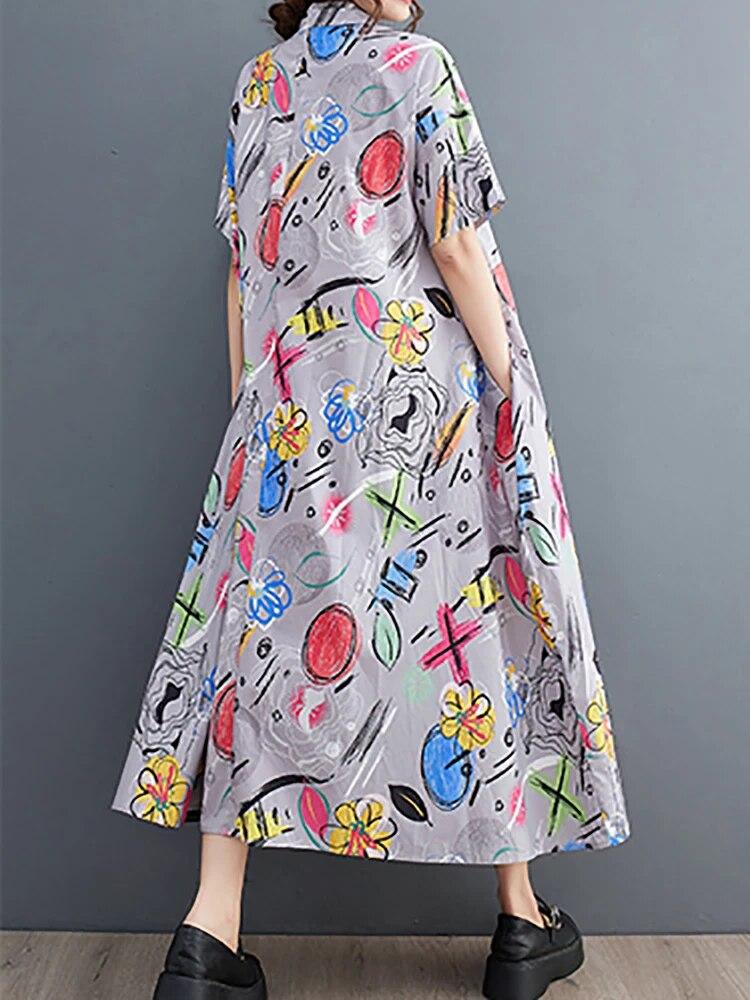 Xitao Loose Patchwork Dress Turn Down Collar Short Sleeve Single Breasted Dress LYD1757