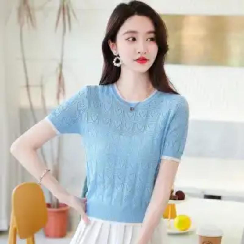 Womens Solid Color Crew Neck Hollow Out Knit Short Sleeve T Shirt