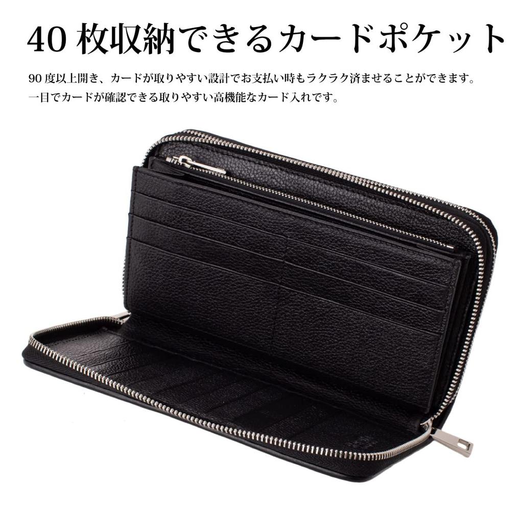 [Revetta] Crocodile Leather Long Wallet for Men, Genuine Leather, Black, Large Capacity, 40 Card Slots, Double Round Zipper, Silver, Single Piece Leat