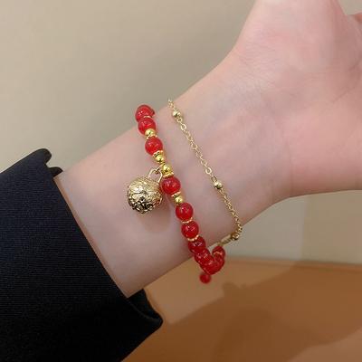 New Chinese Retro Bell Bracelet Women's High-end Sense Red Chalcedony Bracelet Antique Festive Lucky Hand