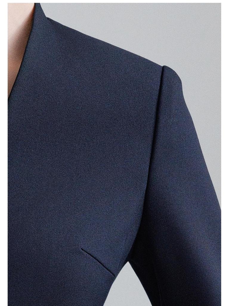 2025 High-End Women's Navy Blue V-Neck Suit Skirt Set - Formal, Slim-Fit, Professional Wear
