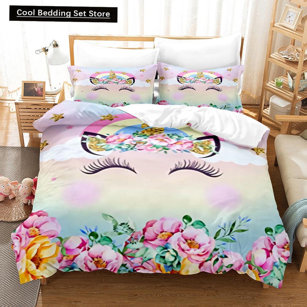 Kids Unicorn Eyelash Pink Princess Duvet Cover King Queen Bedding Set Fairy Magic Animal Closed Eye 2/3pcs Polyester Quilt Cover