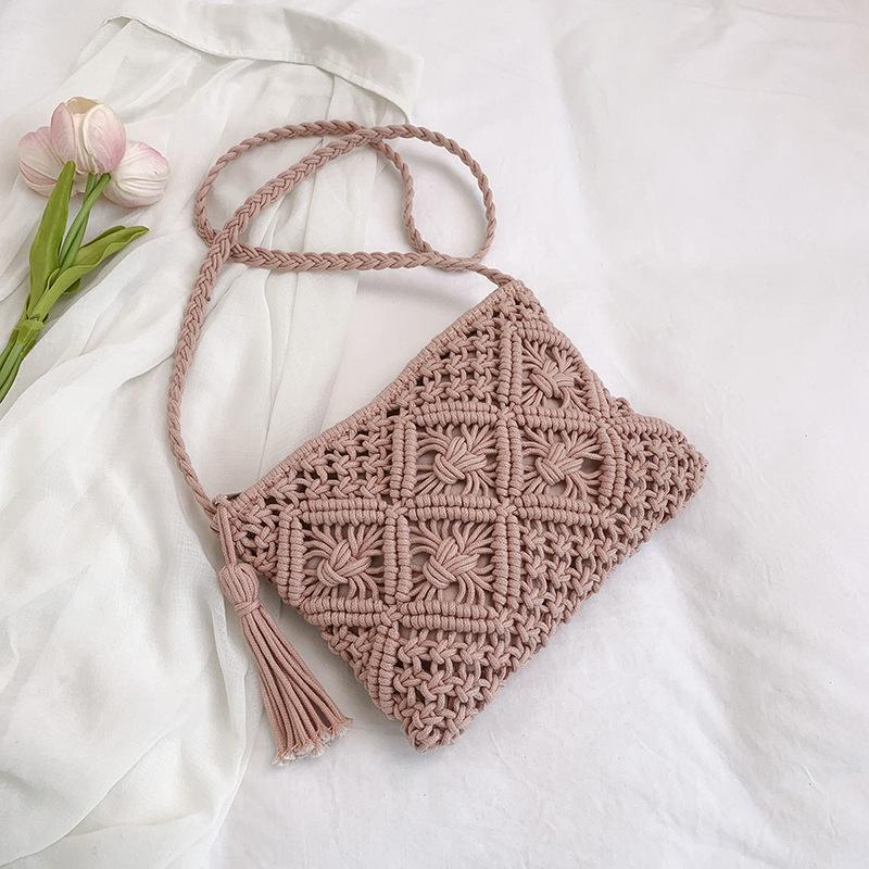 Sommer neue handgefertigte Baumwollseil Fransen gewebte Tasche Schulter Strohtasche lässig schräg Damenhandtasche