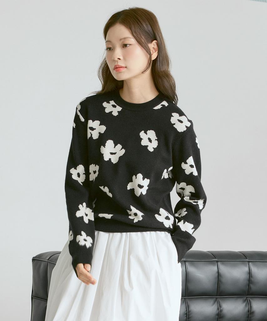 210EDIT Unisex Flower Jacquard Round Knit [Black]_Zg1Sw021
