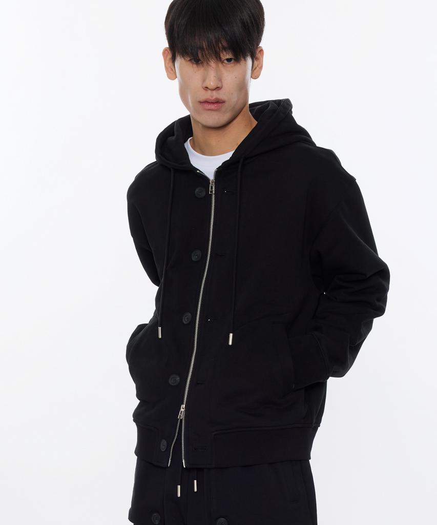 Piari Heavy Cotton Two-Way Button Zip-Up Hoodie (Black)