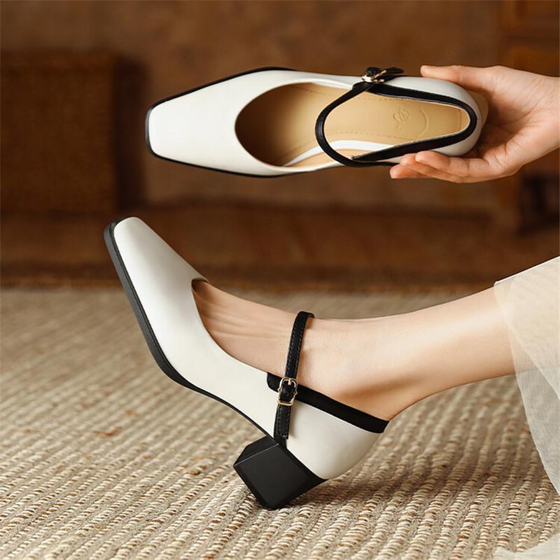 Fashion New Genuine Leather Vintage Women Shoes Fashion Square Toe Pumps Chunky Heel Spring Shoes Women Zapatos De Mujer Mary Jane Shoes