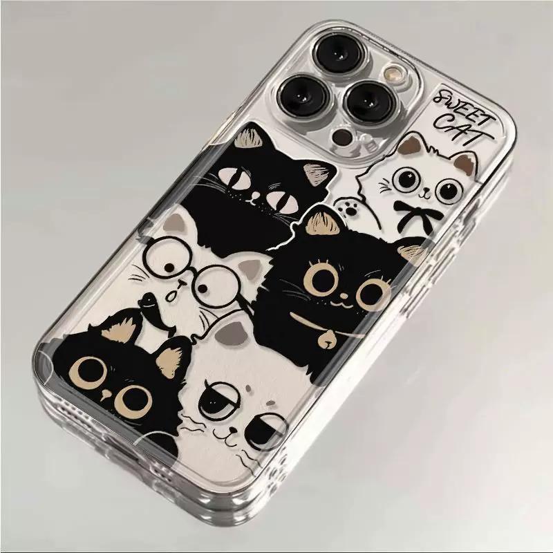 Cute Black & White Cat Clear Phone Case, Sweet Kitten Collage Shockproof Cover for iPhone