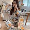 Summer High-End Green Fashion Lapel Pajamas Women'S Long-Sleeved Trousers Plant Flower Loungewear Set