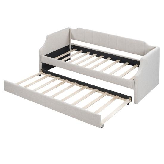 90x200cm Folding Bed Cotton Linen Fabric Day Bed with Pull-out Bed Headboard Strong Wood Slat Support Bed Home Furniture,