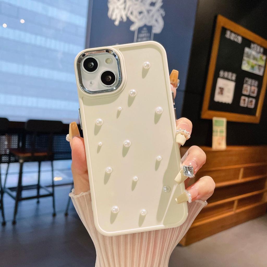 Suitable for Apple 14PROMAX Metal Photo Frame Pearl Solid Color Fashion Phone Case IPhone16 15 Mobile Phone