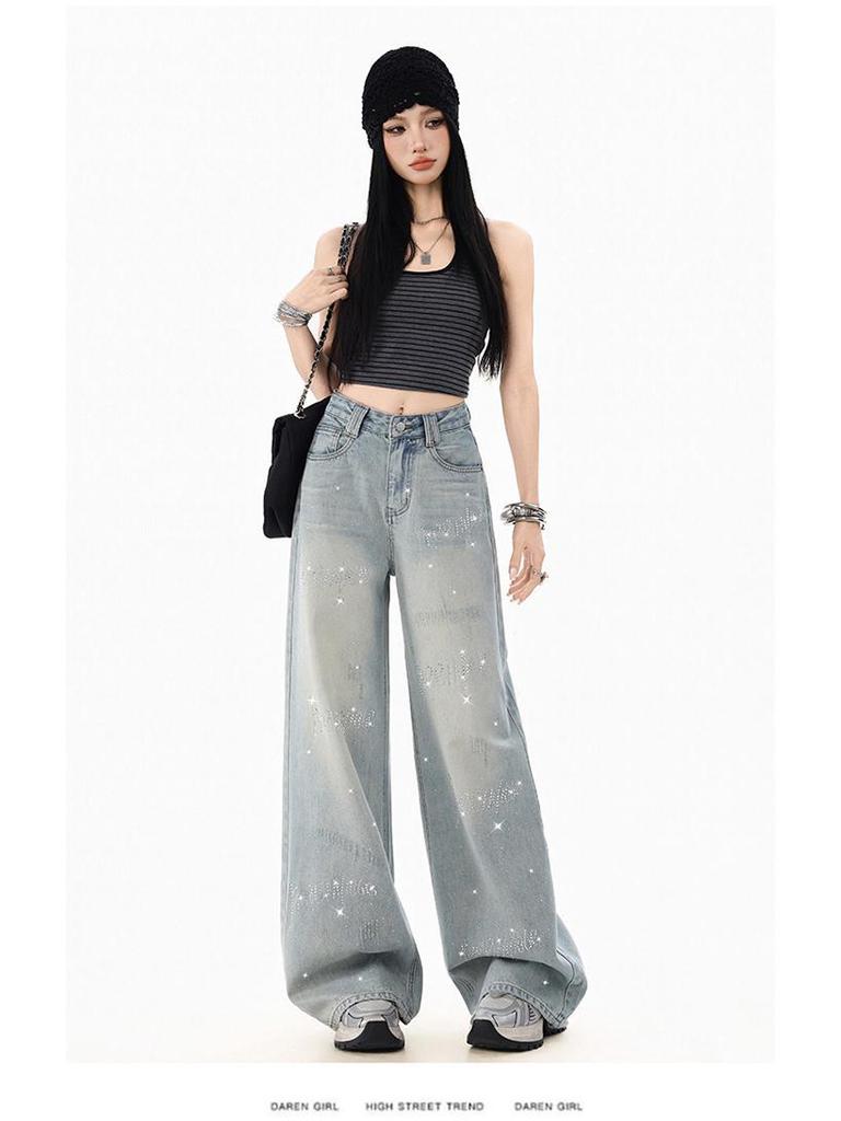 Women's Rhinestone Star Wide Leg Jeans - 2026 Spring/Autumn, Loose & Flattering Floor-Length Pants