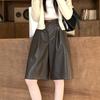Autumn and Winter High Waist PU Leather Shorts Women Street Solid  Loose Casual Women's Wide Leg Shorts Fashion Slim Black Simple Short Pants 25931