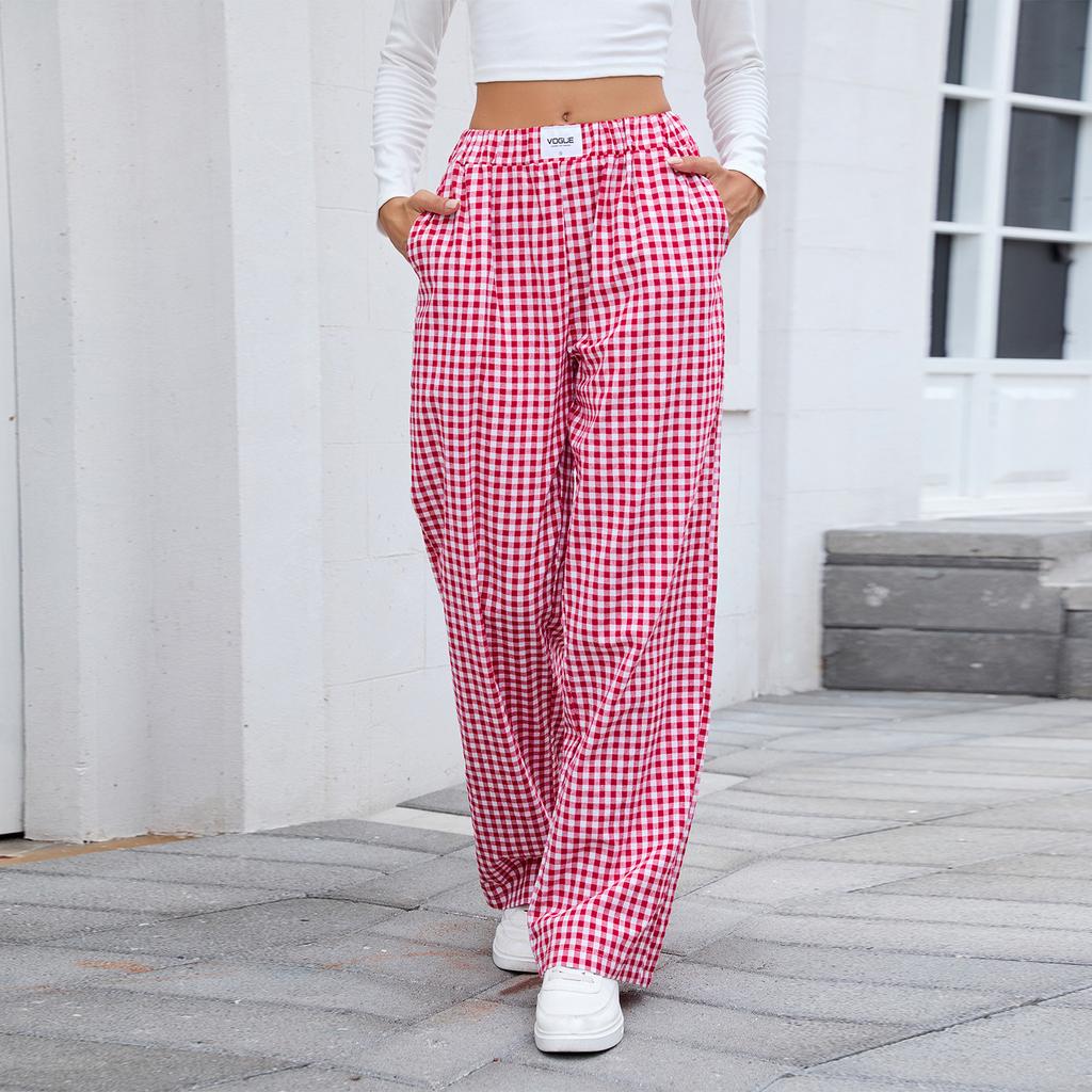 European and American Women's Pure Cotton Plaid Casual Boxer Pants Loose Pocket Trousers