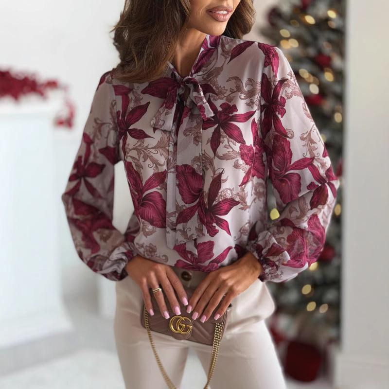 

2026 Spring and Autumn New Women s Sweet Bowknot Chiffon Printed Long Sleeve Shirt 2XL сірий