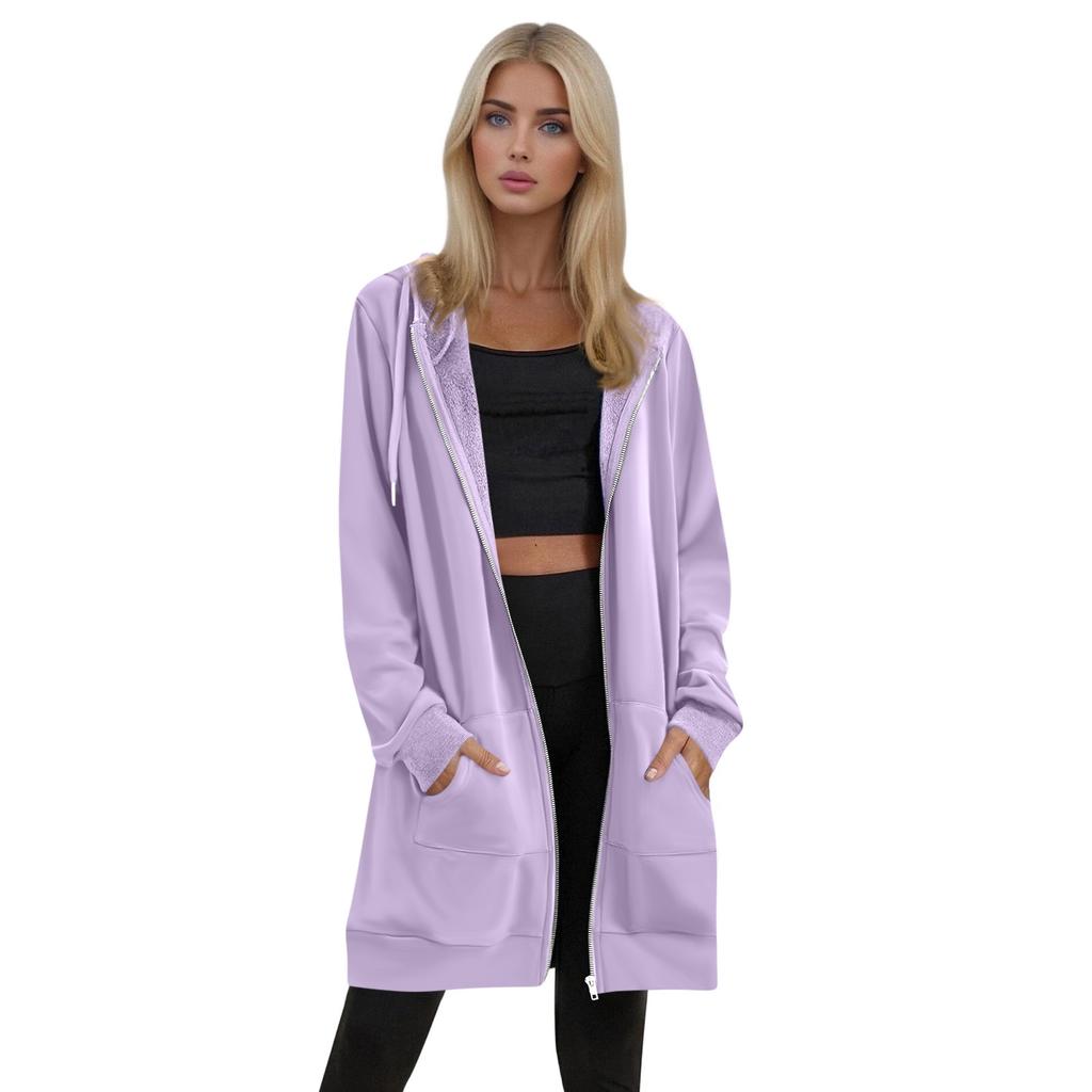 Women's Solid Color Zippered Sweatshirt Top Daily Casual Raglan Long Jacket (Without Hood Drawstring)