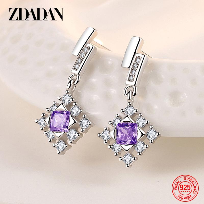 

ZDADAN 925 Silver Pink Crystal Snowflake Drop Earrings for Women Wedding Jewelry фіолетовий