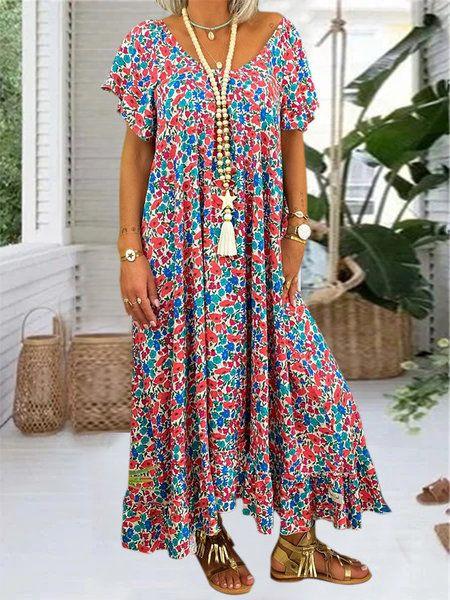 Summer Loose Plus Size Long Printed Bohemian Dress Wind Short Sleeves S