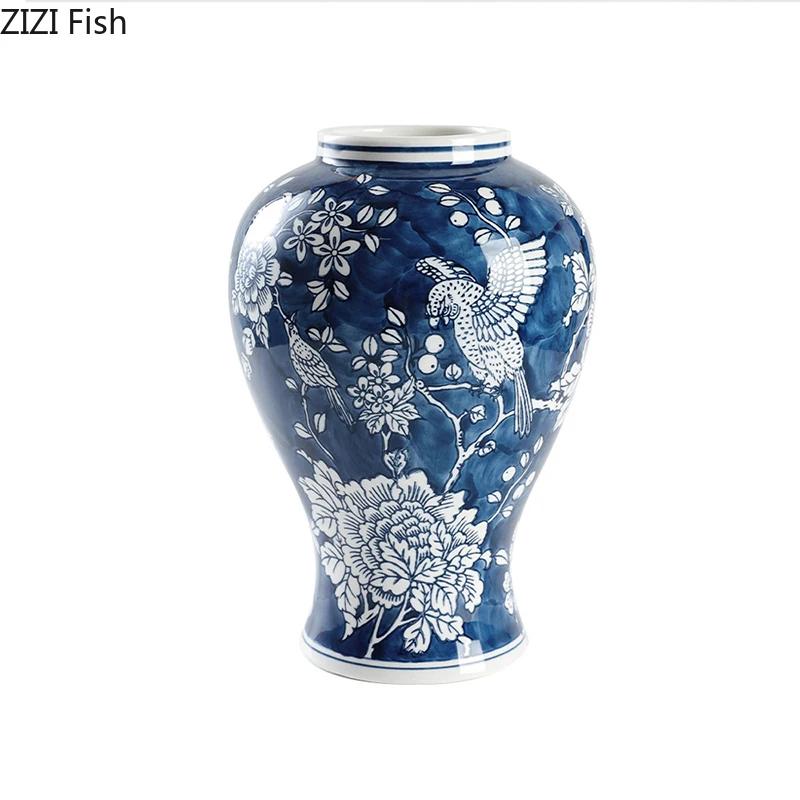 Flowers and Birds Pattern Blue Porcelain Vase Plant Pots Table Decoration Flowers Arrangement Floral Vases Room Aesthetic Decor