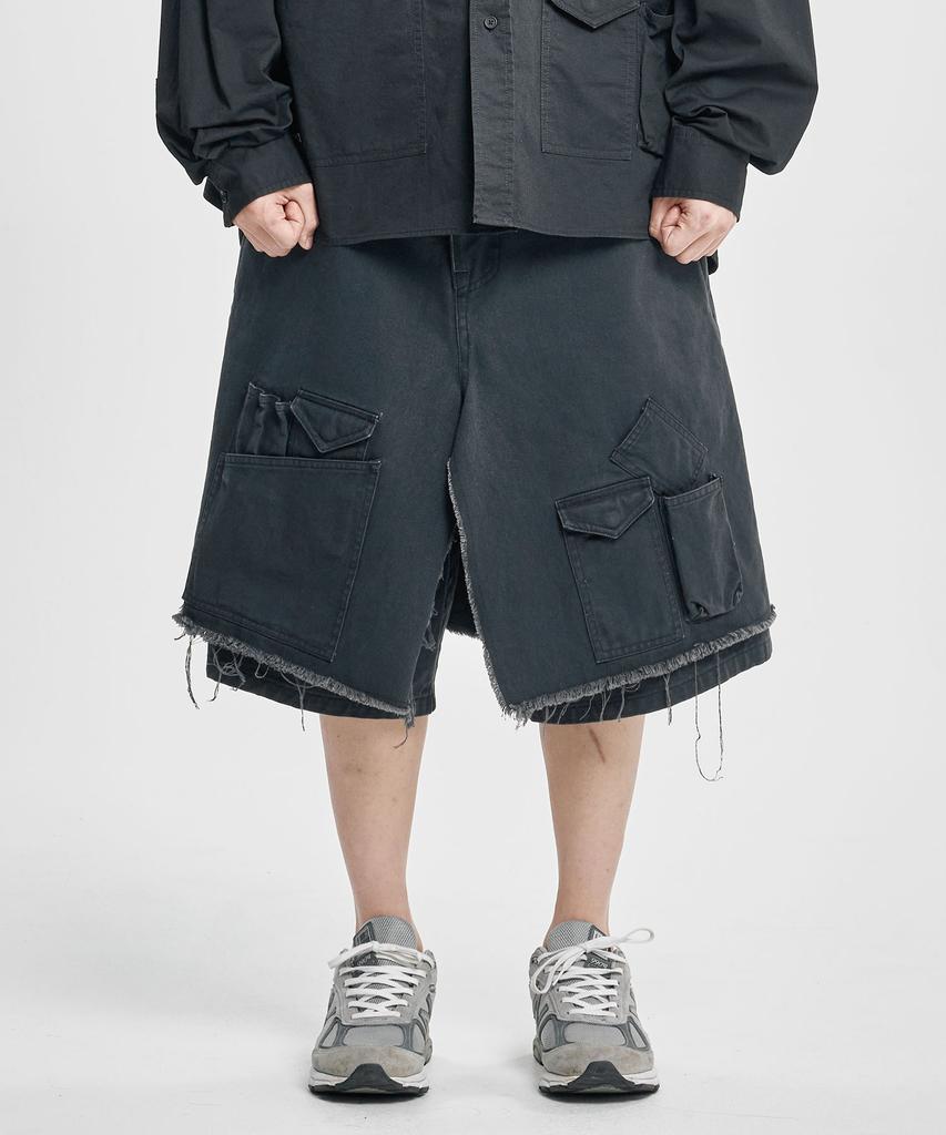 AJOBYAJO Washed Layered Cargo Skirt Shorts [Black]