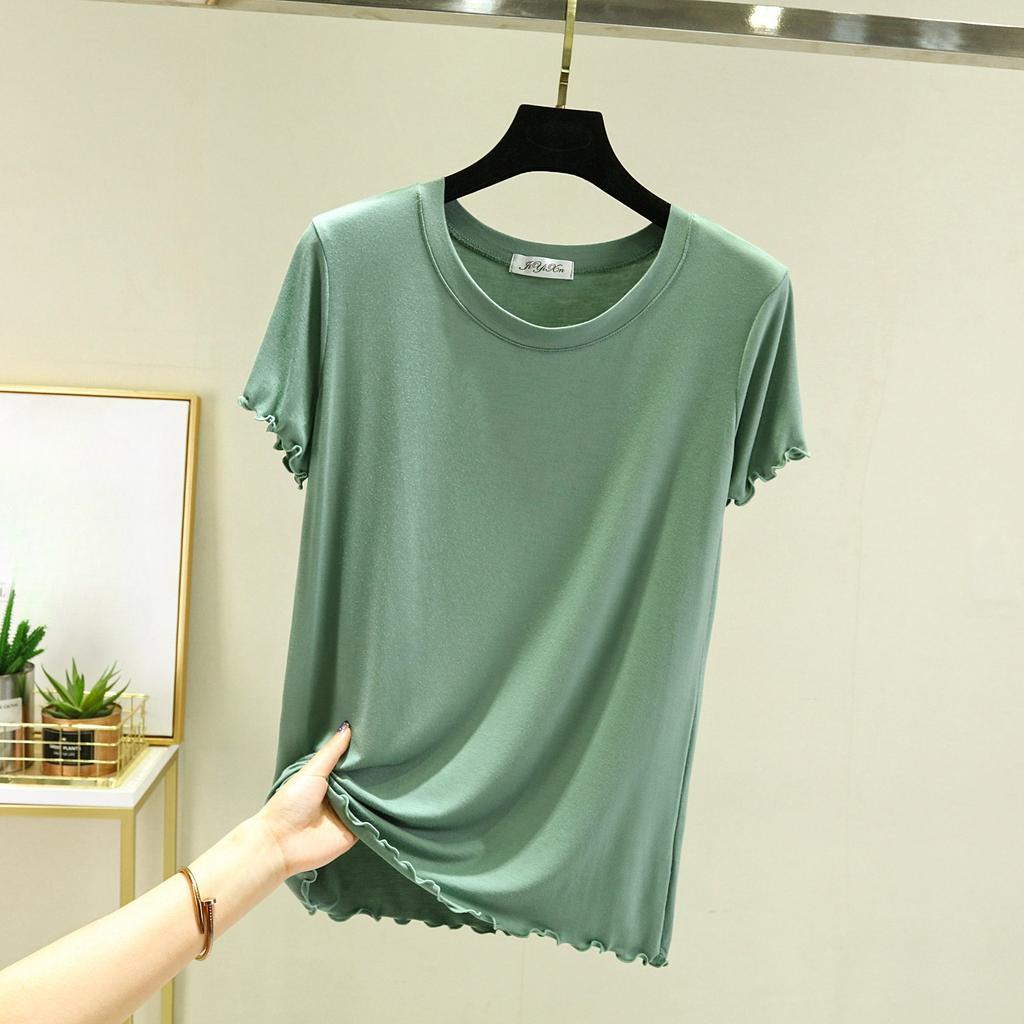 Ice Silk Round Neck Short-sleeved T-shirt, Thin Flying Edge, Sweet and Simple Bottoming Shirt, Slim Slimming Women's Top